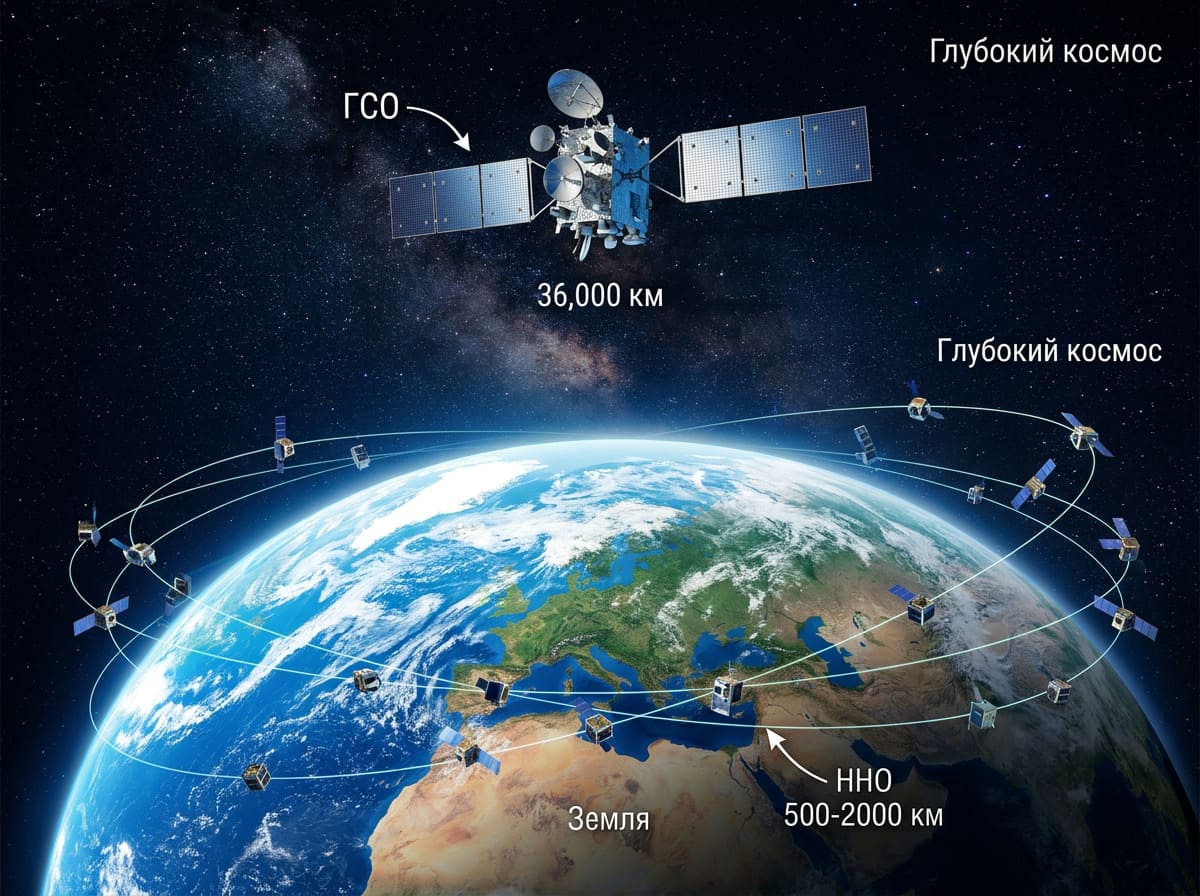 Сравнение GEO и LEO спутников по высоте орбиты и зоне покрытия