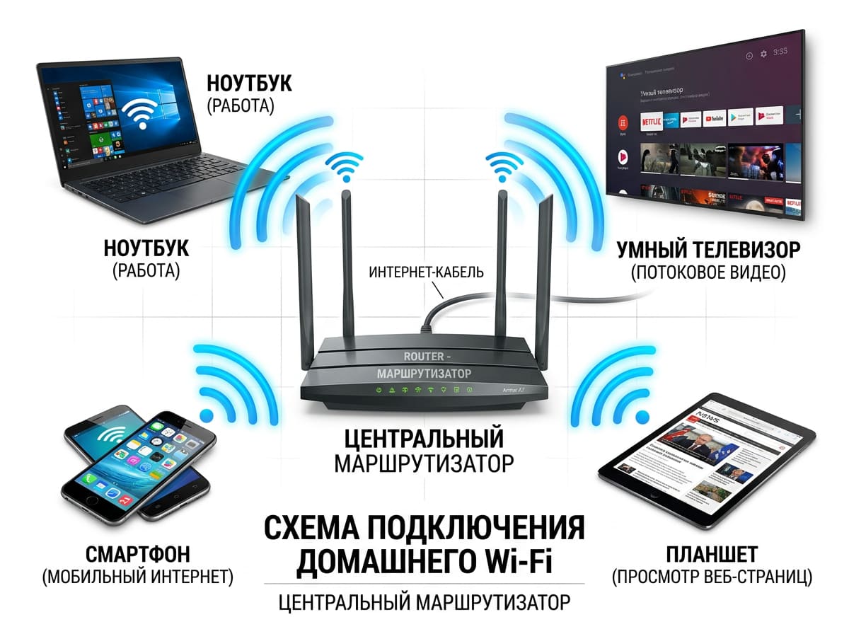 Схема работы роутера: распределение интернета между устройствами